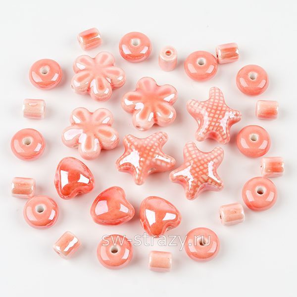 Микс керамических бусин кораллово-розовый
