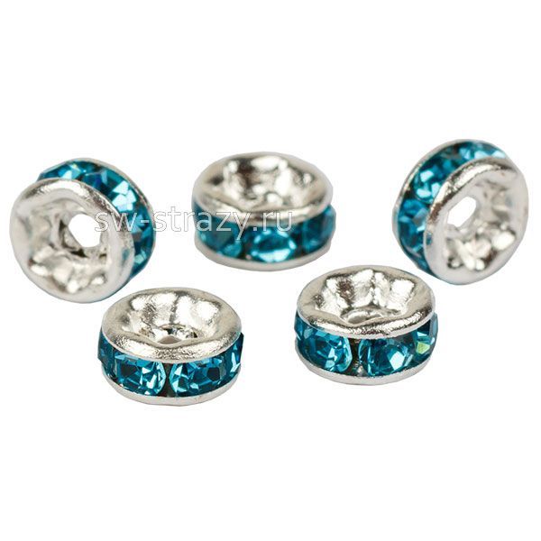 Рондельер d=4 мм, отверстие 2 мм серебро камень голубой