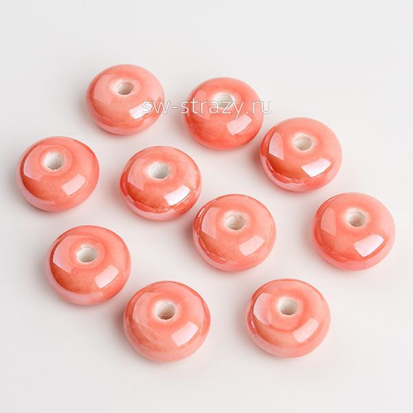Бусина керамическая рондель 11х6 мм кораллово-розовая